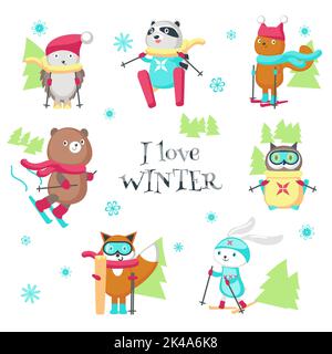 Cute animals in warm hats and scarves enjoying skiing. Vector illustration isolated on white background. Funny little raccoon fox squirrel bear hedgeh Stock Vector