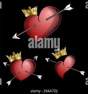 red hearts tattoo stickers golden crown set pack illustration in vector format Stock Vector