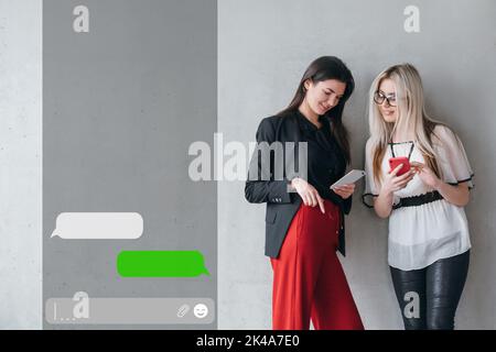 Mobile chat. Online communication. Messenger application. Business women using smartphone app texting sending sms on blank screen message icon bubbles Stock Photo