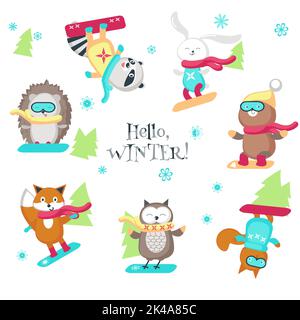 Cute animals enjoying snowboarding. Vector illustration isolated on white background. Funny little raccoon fox squirrel bear owl hedgehog and rabbit h Stock Vector