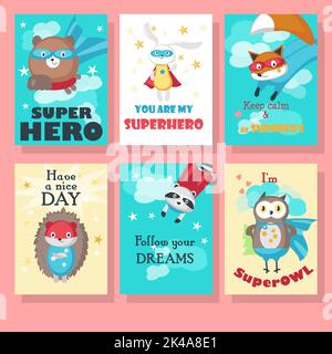 Vector set of cards with cute superhero animals and inspirational quotations. Funny little raccoon fox bear hedgehog owl and rabbit in super hero cost Stock Vector