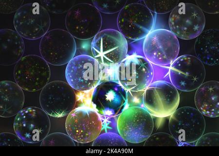 Fractal background with star decorated spheres on dark Stock Photo