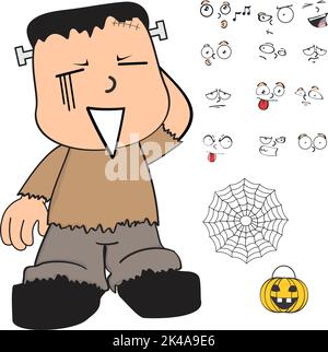 ashamed halloween frankenstein kid cartoon kawaii expressions set in vector format Stock Vector