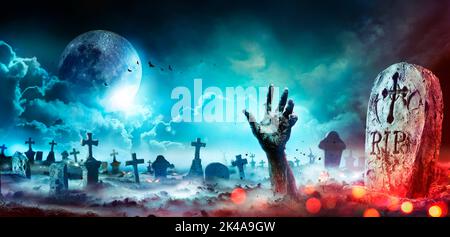 Halloween Mirror Ball In Disco - Pumpkins Face On Sphere In Nightclub With Smoke And Defocused Abstract Lights Stock Photo