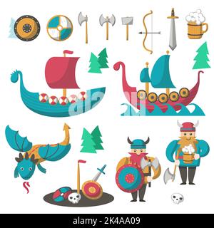 Vikings with armor, beer, flying dragon and longships. Vector flat illustration isolated on white background. Scandinavian warriors and seafarers cart Stock Vector