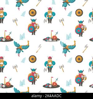 Vector seamless pattern with vikings with armor, beer and dragons. Viking age cartoon characters background, wallpaper, fabric, wrapping paper. Stock Vector