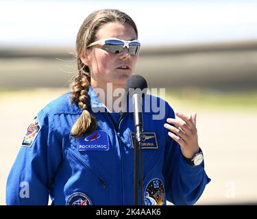 Roscosmos Cosmonaut and Crew-5 Mission Specialist Anna Kikina provides remarks after arriving at the Kennedy Space Center, Florida on Saturday, October 1, 2022. Photo by Joe Marino/UPI Credit: UPI/Alamy Live News Stock Photo