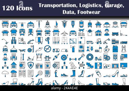120 Icons Of Transportation, Logistics, Garage, Data, Footwear. Editable Bold Outline With Color Fill Design. Vector Illustration. Stock Vector