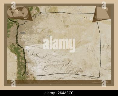 Al Qahirah, governorate of Egypt. Low resolution satellite map. Locations and names of major cities of the region. Corner auxiliary location maps Stock Photo