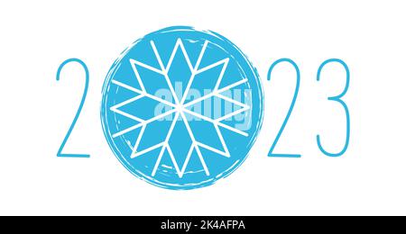 Hand drawn lettering with year 2023 numbers with blue ink circle for your design. Vector illustration isolated on white background Stock Vector