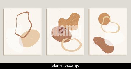 Abstract retro wall art poster set.  Neutral natural colors. Mid Century Modern design. Stock Photo