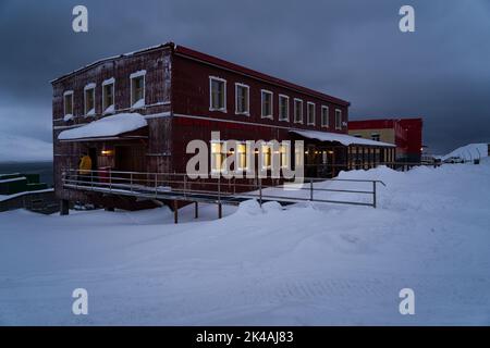 Barentsburg on a cold, gloomy Winter day, Svalbard Stock Photo