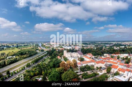 Drone shot, aerial view, drone photo, picture from above, panorama over the historic old town, the federal road to the Elbe. Luther city Wittenberg Stock Photo