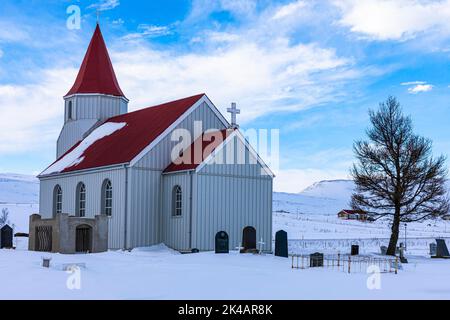 Small church with red roof in the snow, Glaumbaer Museum Village, Northern Iceland Vestra, Iceland Stock Photo