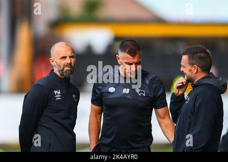 Cambridge, UK. 1st October 2022Manager Paul Warne ( Paul Warne Derby) and back room staff during the Sky Bet League 1 match between Cambridge United and Derby County at the R Costings Abbey Stadium, Cambridge on Saturday 1st October 2022. (Credit: Kevin Hodgson | MI News) Credit: MI News & Sport /Alamy Live News