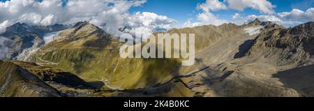 Alpine panorama, Gross Muttenhorn, Mutt Glacier, Furka Pass, Rhone Glacier, aerial view from Taelliluecke, Valais, Switzerland Stock Photo