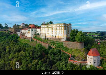 Veste Oberhaus, built 1219-1800, aerial view, Dreifluessestadt Passau, independent university town, administrative district of Lower Bavaria, Eastern Stock Photo