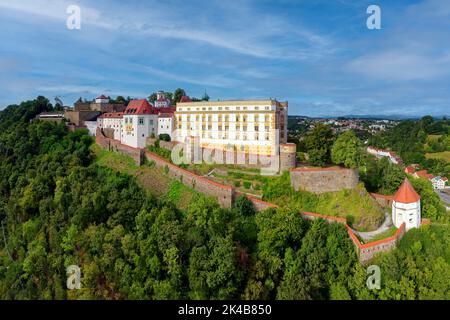 Veste Oberhaus, built 1219-1800, aerial view, Dreifluessestadt Passau, independent university town, administrative district of Lower Bavaria, Eastern Stock Photo