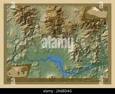Chalatenango, department of El Salvador. Colored elevation map with lakes and rivers. Locations and names of major cities of the region. Corner auxili Stock Photo