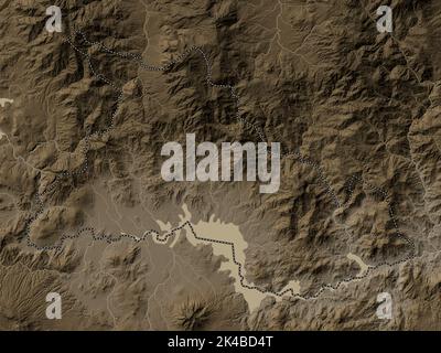 Chalatenango, department of El Salvador. Elevation map colored in sepia tones with lakes and rivers Stock Photo