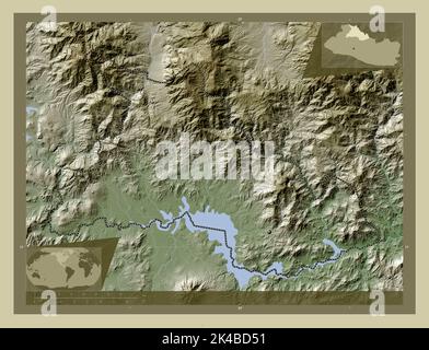 Chalatenango, department of El Salvador. Elevation map colored in wiki style with lakes and rivers. Corner auxiliary location maps Stock Photo