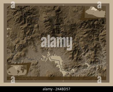 Chalatenango, department of El Salvador. Elevation map colored in sepia tones with lakes and rivers. Corner auxiliary location maps Stock Photo