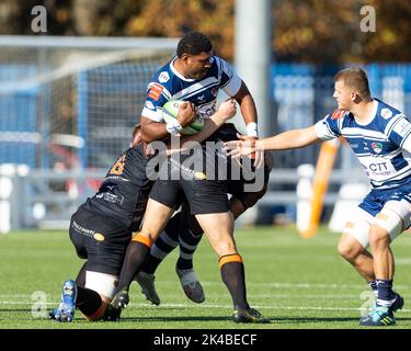 Coventry, UK. 01st Oct, 2022. Senitiki Nayalo of Coventry Rugby is tackled during the The Championship match Coventry Rugby vs Ealing Trailfinders at Butts Park Arena, Coventry, United Kingdom, 1st October 2022 (Photo by Nick Browning/News Images) in Coventry, United Kingdom on 10/1/2022. (Photo by Nick Browning/News Images/Sipa USA) Credit: Sipa USA/Alamy Live News Stock Photo