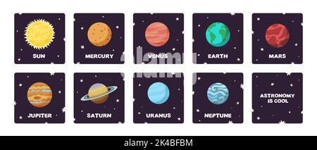 Colorful solar system space square flashcards in flat design cartoon style. Astronomy education and science for kids learning Stock Vector