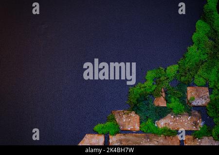 Black wall with bricks in the green moss and wooden clock and warm light. Place for text. Banner concept Stock Photo