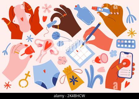 Menstruation illustrations, women period cycle, women use menstrual calendar in smartphone app, hold eco friendly pads in hands, vector collection Stock Vector