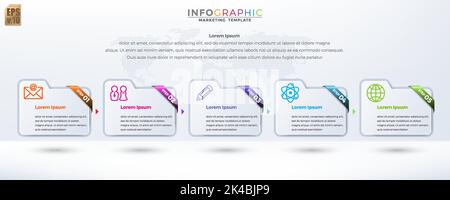 Infographic vector design Business company colorful shiny bar template folder. icon 5 options in minimal style . You can used for Marketing process, w Stock Vector