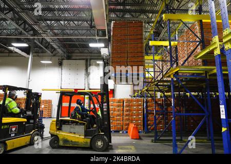 Forklift operators shuttle a pallets loaded with fruit to awaiting trucks as fruit shipments arrive at Penn Terminals in Eddystone, Pa., April 16, 2020. CBP photo by Glenn Fawcett Stock Photo