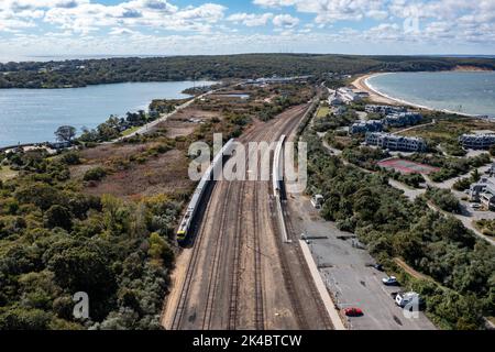 The old railway station in Montauk, Long Island, NY Stock Photo