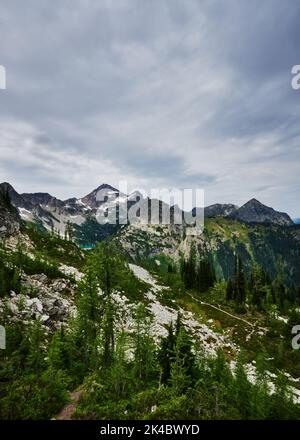 View from the peak of Maple Pass trail, North Cascades National Park, Washington State, United States, North America, Pacific Northwest Stock Photo