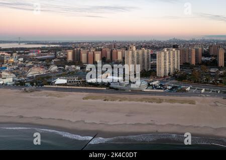 Aerial view along Coney Island in Brooklyn, New York at sunrise. Stock Photo