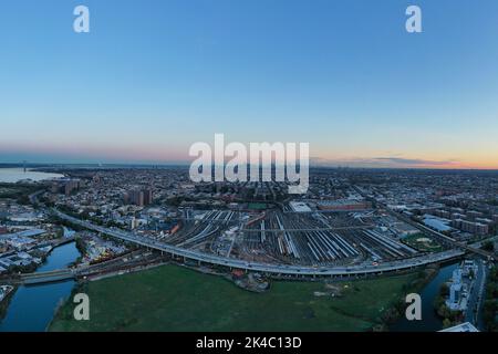 Coney Island train yard and the Belt Parkway in Brooklyn, New York. Stock Photo