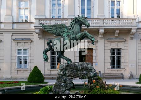 A view of a bronze sculpture of the winged horse 'Pegasus' in the Mirabell garden, Salzburg Stock Photo