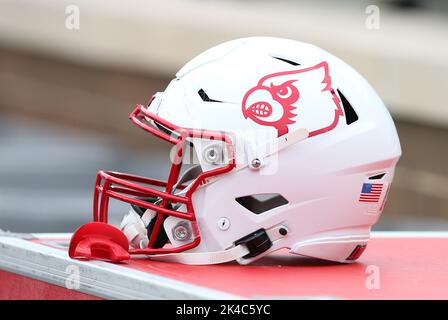 Alumni Stadium. 1st Oct, 2022. MA, USA; General view of a Louisville Cardinals helmet during the NCAA football game between Louisville Cardinals and Boston College Eagles at Alumni Stadium. Anthony Nesmith/CSM/Alamy Live News Stock Photo
