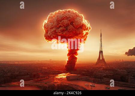 Drone view of a nuclear explosion occurring in Paris city of France during an apocalyptic war or meteor impact with a fire mushroom cloud. 3D Stock Photo