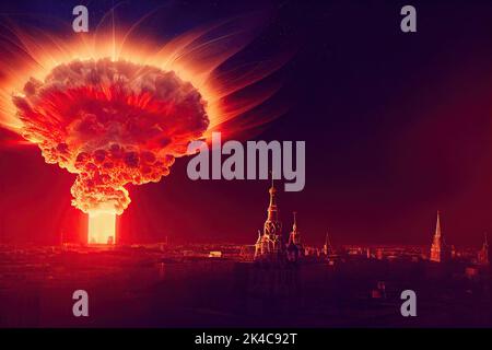 Drone view of a nuclear explosion occurring in Moscow city of Russia during an apocalyptic war or meteor impact with a fire mushroom cloud. 3D Stock Photo