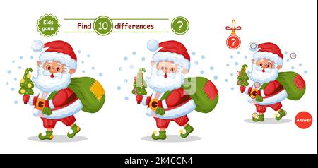 Cute Santa Claus character, find differences puzzle education children game. Search match. Old man with Christmas tree, holiday New Year bag. Vector Stock Vector