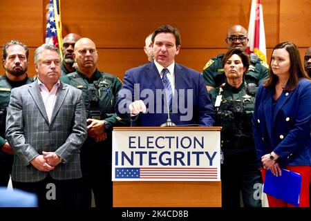 Florida Governor Ron DeSantis speaking at a Broward County Courthouse press conference on August 18, 2022, addressing the arrest of 20 ex-felons for voter fraud tied to the 2020 elections. (USA) Stock Photo