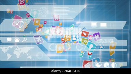 Composition of digital icons over computer circuit board on blue background. global technology, data processing and digital interface concept digitall Stock Photo