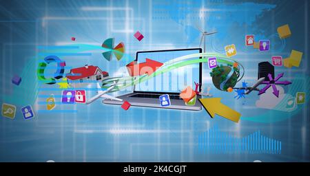 Composition of digital icons over laptop on blue background. global technology, data processing and digital interface concept digitally generated imag Stock Photo