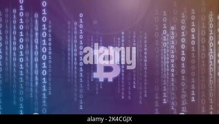 Composition of bitcoin symbol and binary coding processing on purple background. global cryptocurrency, technology, data processing and digital interf Stock Photo