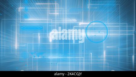 Composition of digital data processing over glowing light trails on blue background. global technology, data processing and digital interface concept Stock Photo