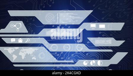 Composition of digital icons over computer circuit board on blue background. global technology, data processing and digital interface concept digitall Stock Photo