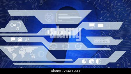 Composition of digital icons over computer circuit board on blue background. global technology, data processing and digital interface concept digitall Stock Photo