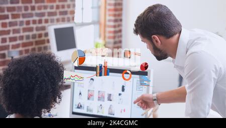 Composition of digital icons over businessman and businesswoman using computer. global technology, data processing and digital interface concept digit Stock Photo