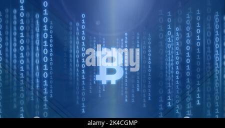 Composition of bitcoin symbol, binary coding processing on blue background. global cryptocurrency, technology, data processing and digital interface c Stock Photo